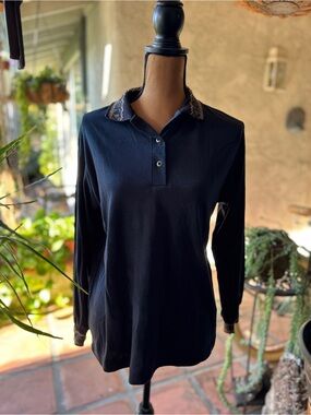 Women's Long-Sleeve Polo Top in Black with Patterned Collar